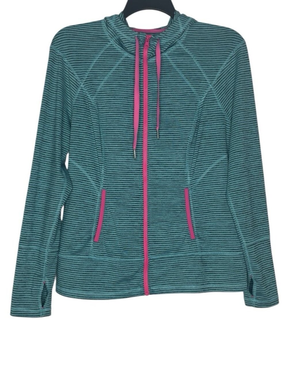 Lukka Womens Hooded Full-Zip Jacket Size XL Striped Thumbholes Athleisure Yoga